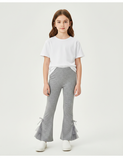 Pantalon Gris Fille Évasé Tulle Nœuds Mignon - Maille