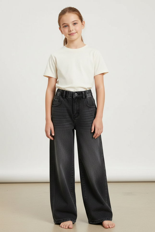 Pantalon Gris Large Décontracté Taille Élastique Fille - Jean