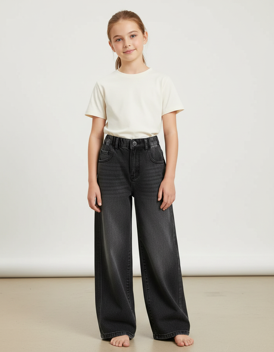 Pantalon Gris Large Décontracté Taille Élastique Fille - Jean
