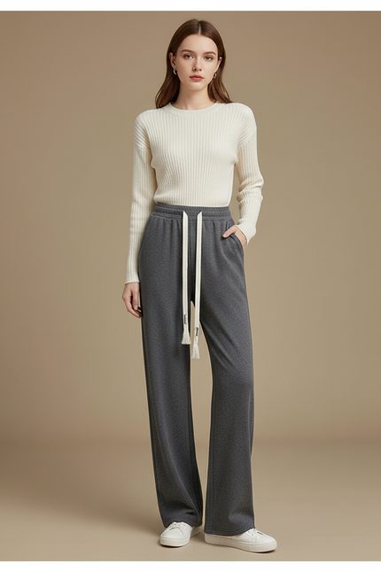 Pantalon Gris Large Décontracté Molletonné Uni Femme