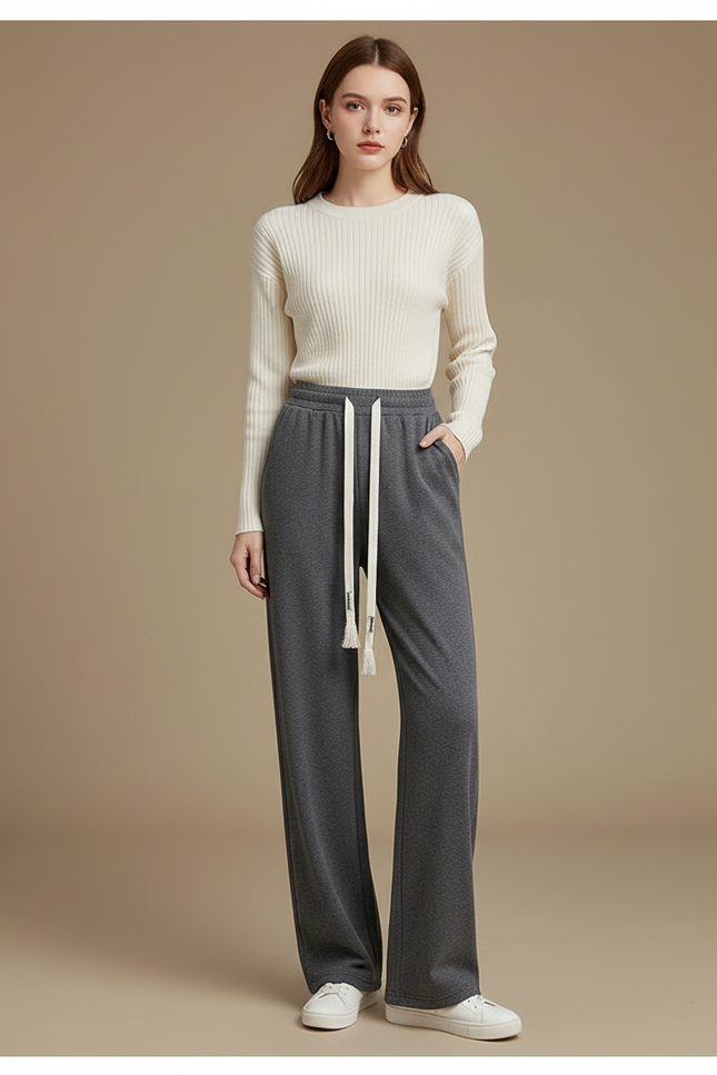 Pantalon Gris Large Décontracté Molletonné Uni Femme