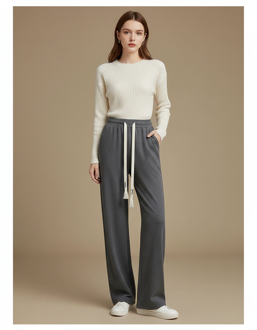 Pantalon Gris Large Décontracté Molletonné Uni Femme