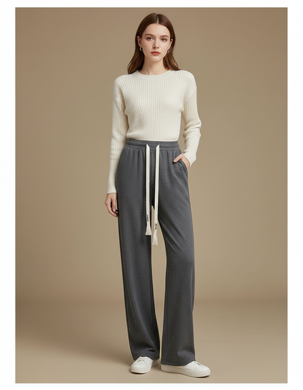 Pantalon Gris Large Décontracté Molletonné Uni Femme