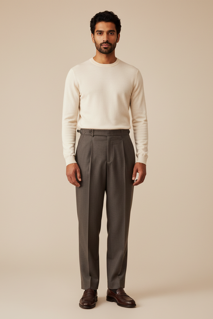 Pantalon Gris Laine Plissé Taille Haute Homme