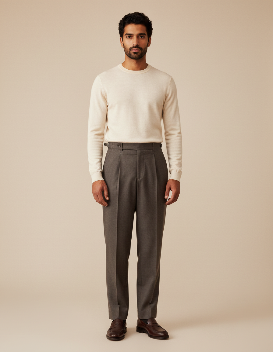 Pantalon Gris Laine Plissé Taille Haute Homme