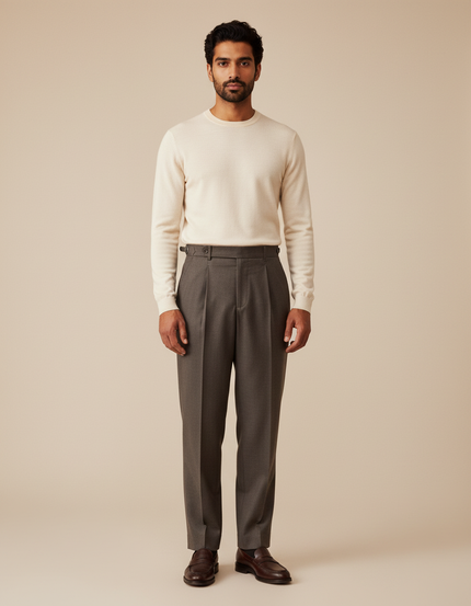 Pantalon Gris Laine Plissé Taille Haute Homme