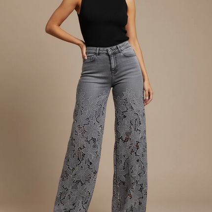 Pantalon Gris Jean Large Évasé Dentelle Découpée Femme