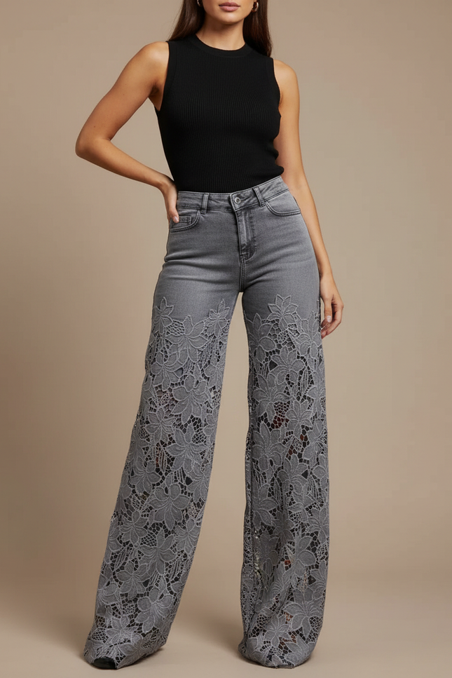 Pantalon Gris Jean Large Évasé Dentelle Découpée Femme