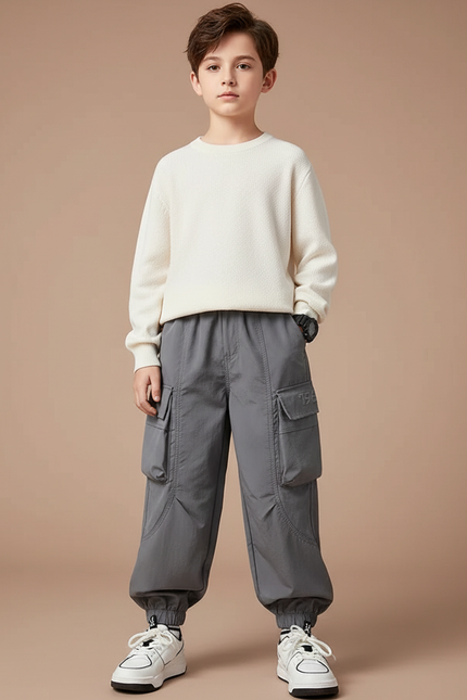 Pantalon Gris Cargo Ample Enfant Sportif - Polyester