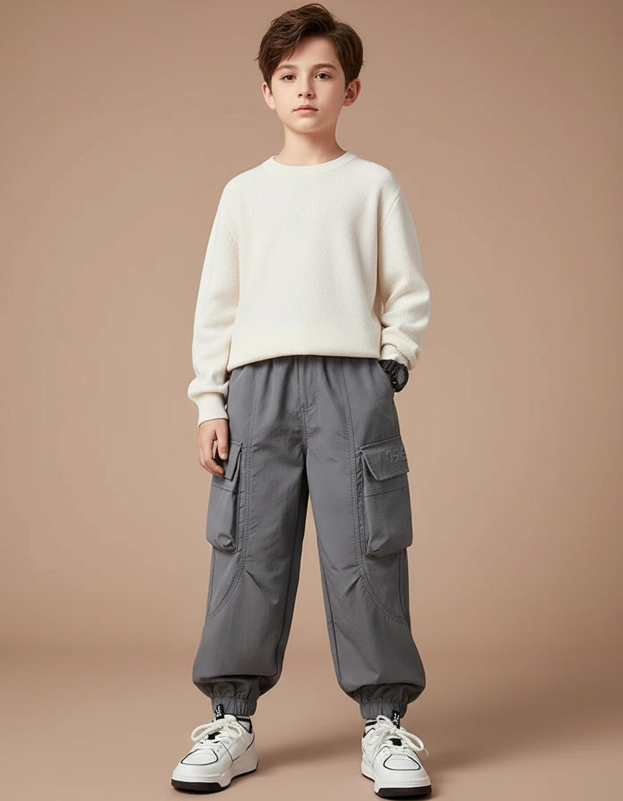 Pantalon Gris Cargo Ample Enfant Sportif - Polyester