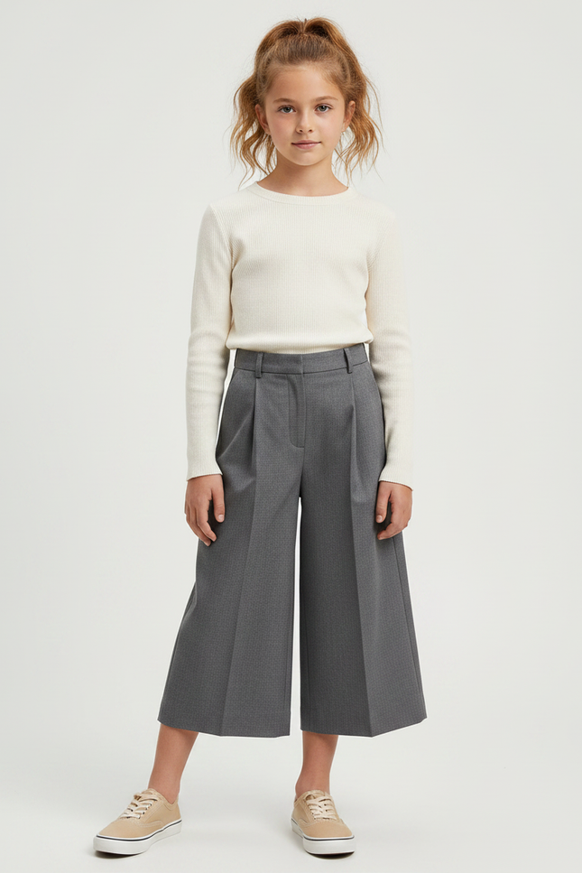 Pantalon Gris Ample Plissé Taille Haute Fille - Gabardine