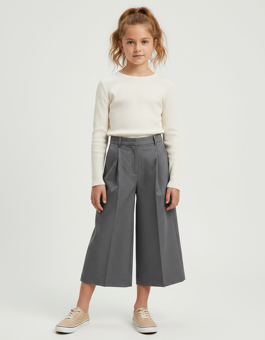 Pantalon Gris Ample Plissé Taille Haute Fille - Gabardine
