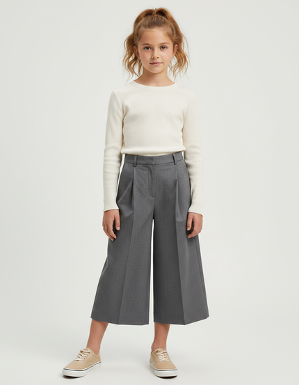 Pantalon Gris Ample Plissé Taille Haute Fille - Gabardine