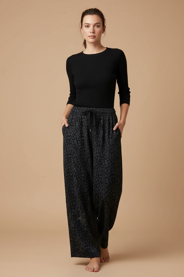 Pantalon Gris Imprimé Léopard Ample Décontracté Molletonné Femme