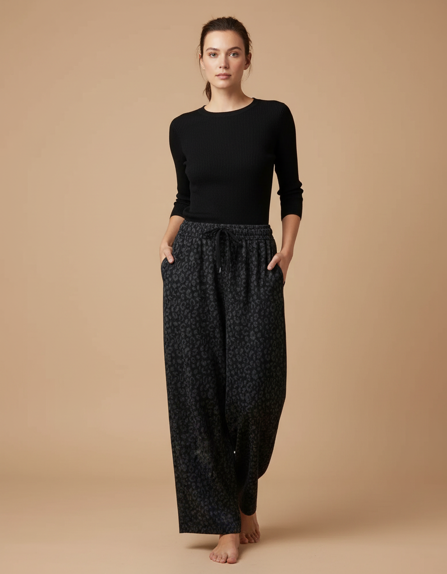 Pantalon Gris Imprimé Léopard Ample Décontracté Molletonné Femme