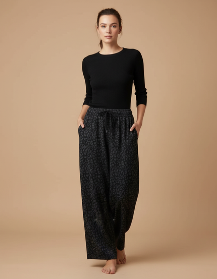 Pantalon Gris Imprimé Léopard Ample Décontracté Molletonné Femme
