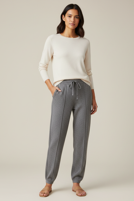 Pantalon Gris Molletonné Confortable Coupe Droite Cordon