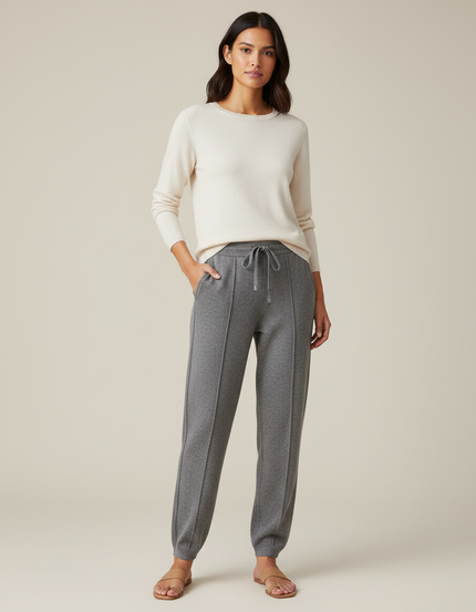 Pantalon Gris Molletonné Confortable Coupe Droite Cordon