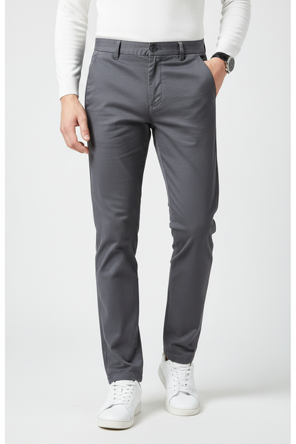 Pantalon Gris Homme Ajusté Décontracté Élégant Uni - Coton