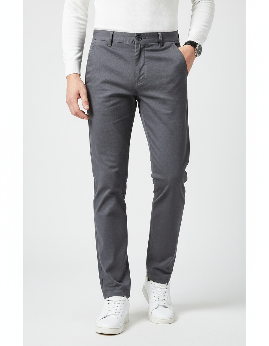 Pantalon Gris Homme Ajusté Décontracté Élégant Uni - Coton