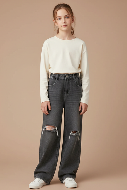 Pantalon Gris Ample Droit Déchiré Fille - Jean