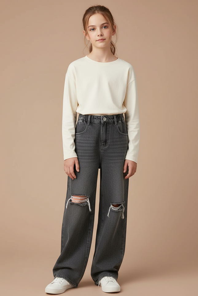 Pantalon Gris Ample Droit Déchiré Fille - Jean