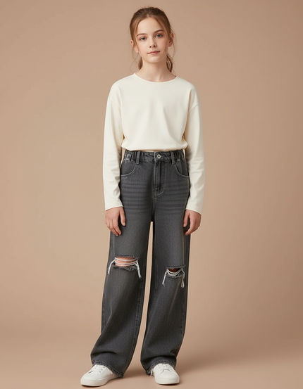 Pantalon Gris Ample Droit Déchiré Fille - Jean
