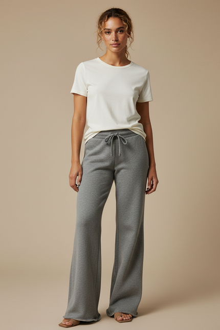 Pantalon Gris Large Molletonné Confortable Cordon Femme