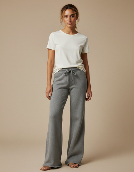 Pantalon Gris Large Molletonné Confortable Cordon Femme