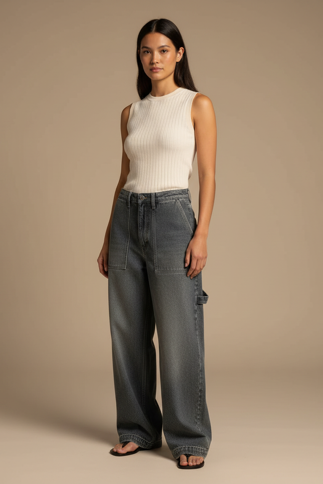 Pantalon Gris Large Délavé Cargo Taille Haute - Jean