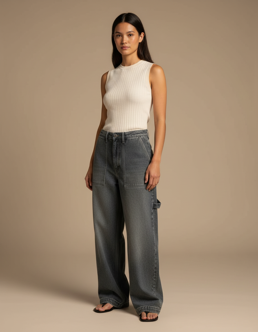 Pantalon Gris Large Délavé Cargo Taille Haute - Jean