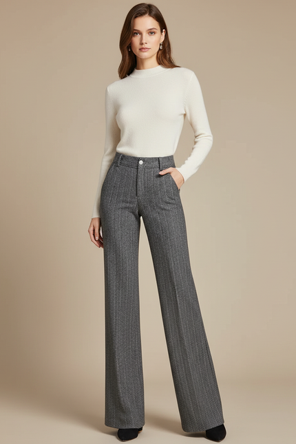 Pantalon Gris Large Laine Hiver Élégant Chic