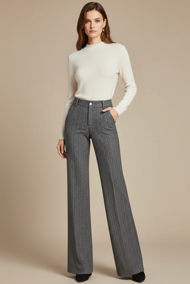 Pantalon Gris Large Laine Hiver Élégant Chic
