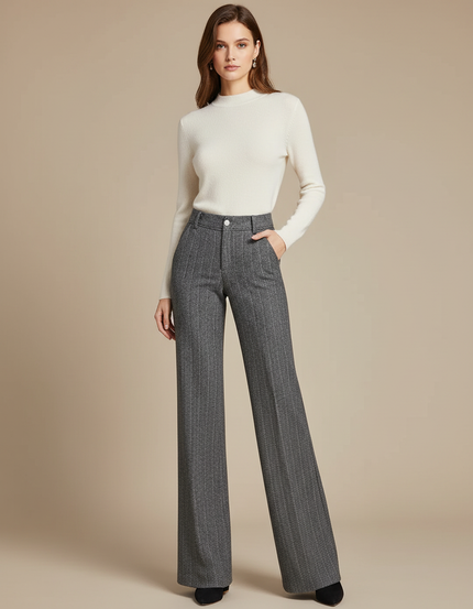 Pantalon Gris Large Laine Hiver Élégant Chic