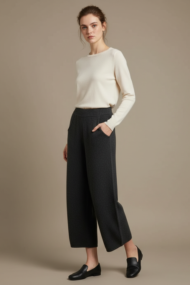 Pantalon Gris Ample Laine Tricoté Chaud Femme
