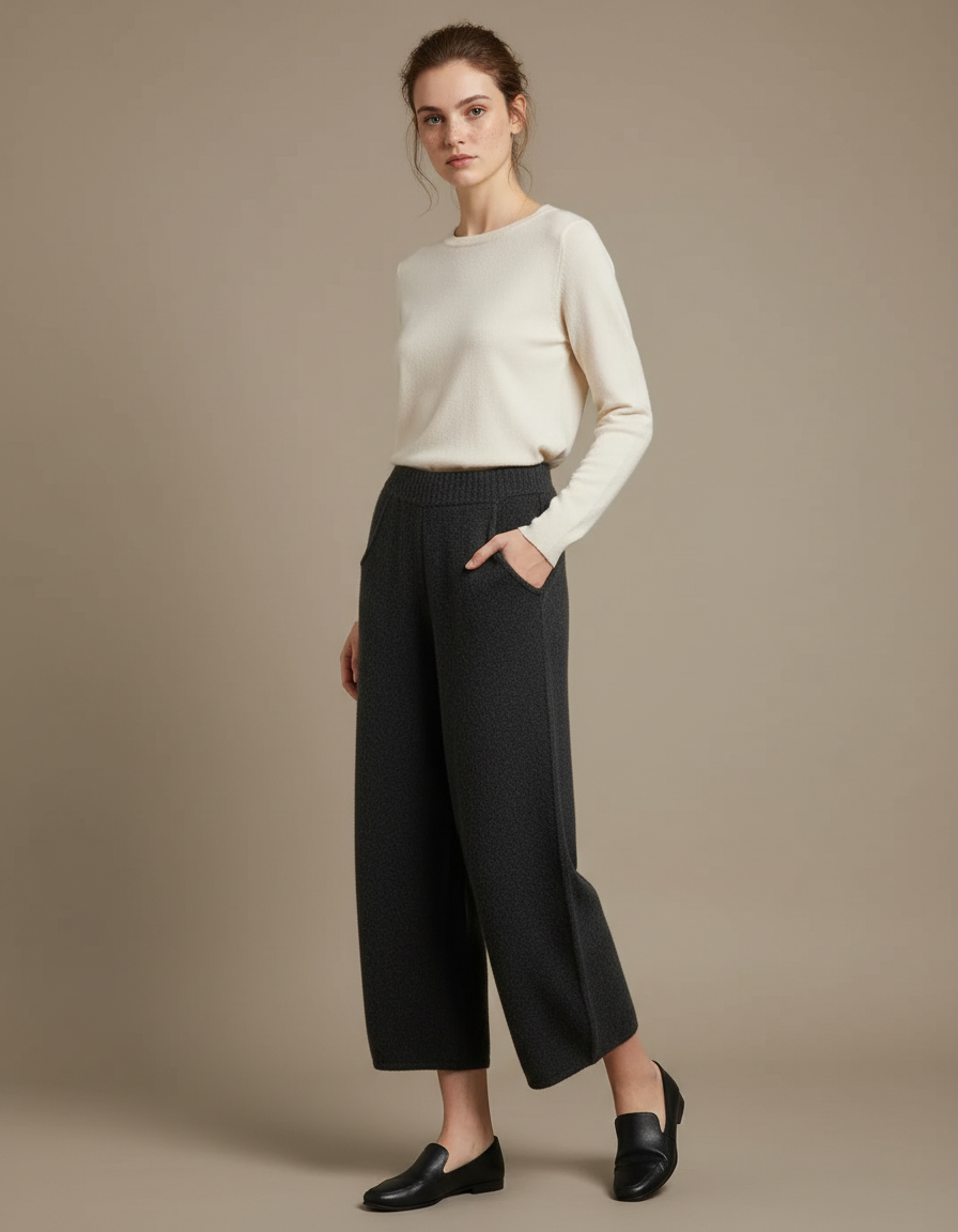 Pantalon Gris Ample Laine Tricoté Chaud Femme