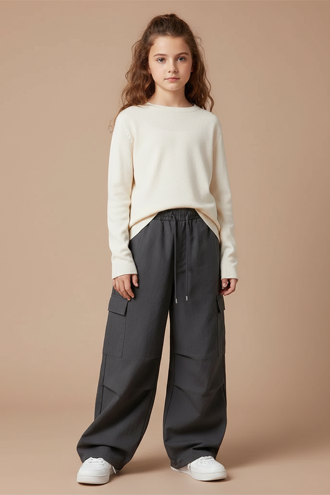 Pantalon Gris Cargo Ample Fille Enfant - Polyester