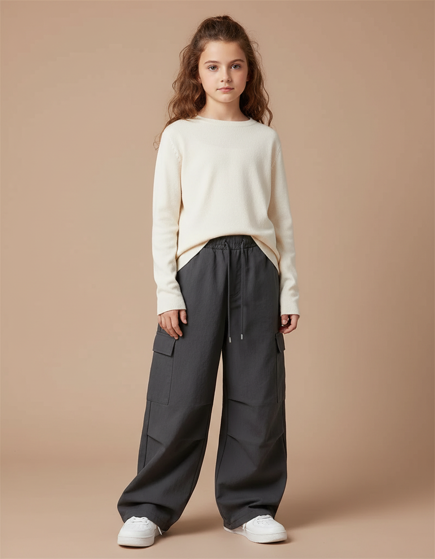 Pantalon Gris Cargo Ample Fille Enfant - Polyester