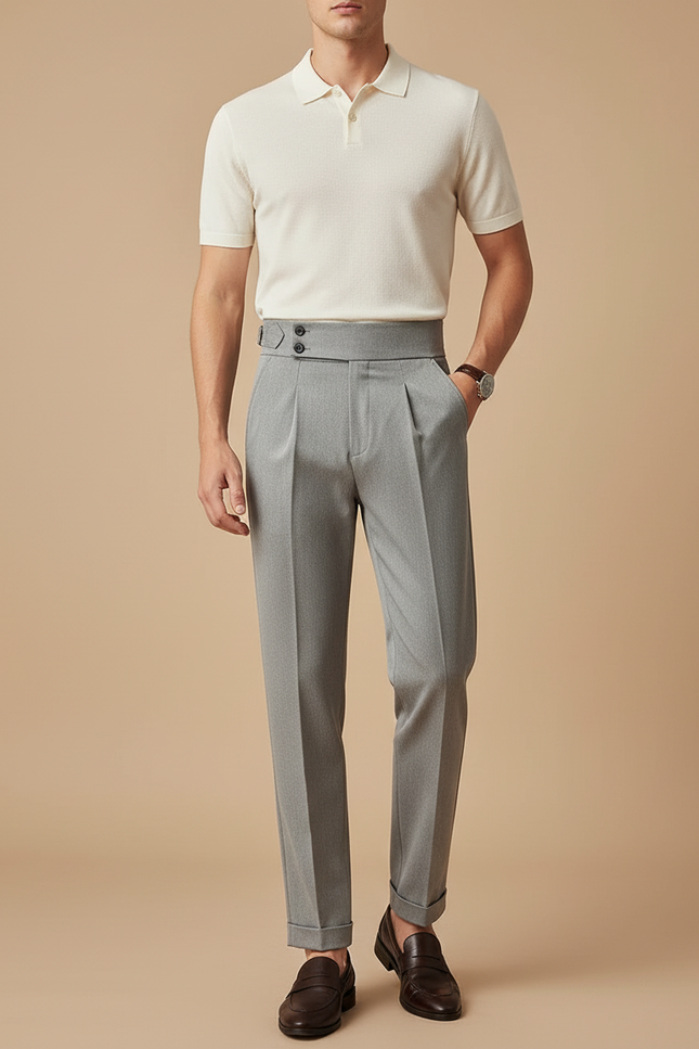 Pantalon Gris Habillé Plissé Taille Haute Élégant Homme - Gabardine
