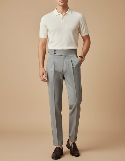 Pantalon Gris Habillé Plissé Taille Haute Élégant Homme - Gabardine