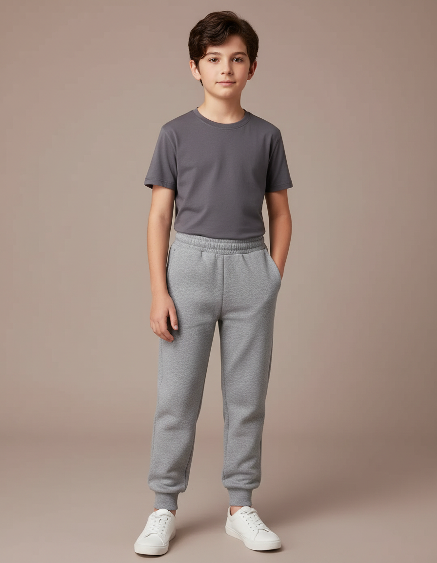 Pantalon Gris Molletonné Uni Enfant Cordon Décontracté