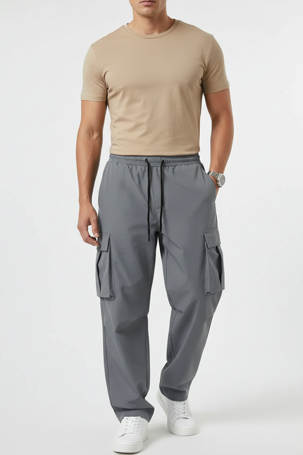 Pantalon Gris Cargo Ample Décontracté Homme Cordon - Polyester