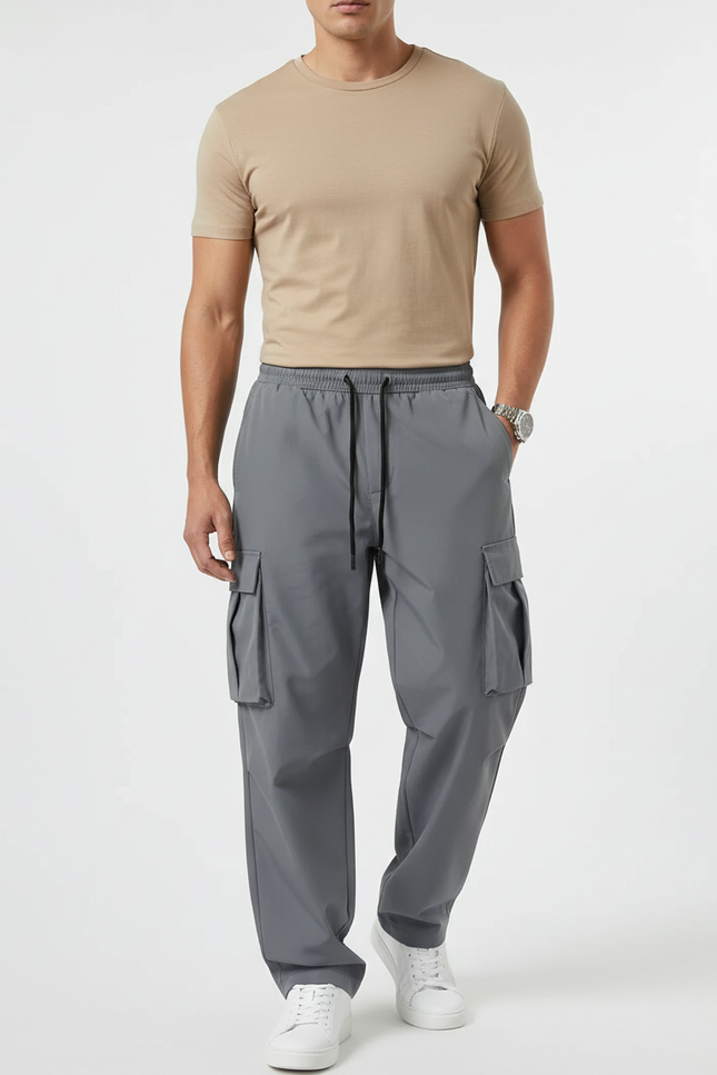 Pantalon Gris Cargo Ample Décontracté Homme Cordon - Polyester