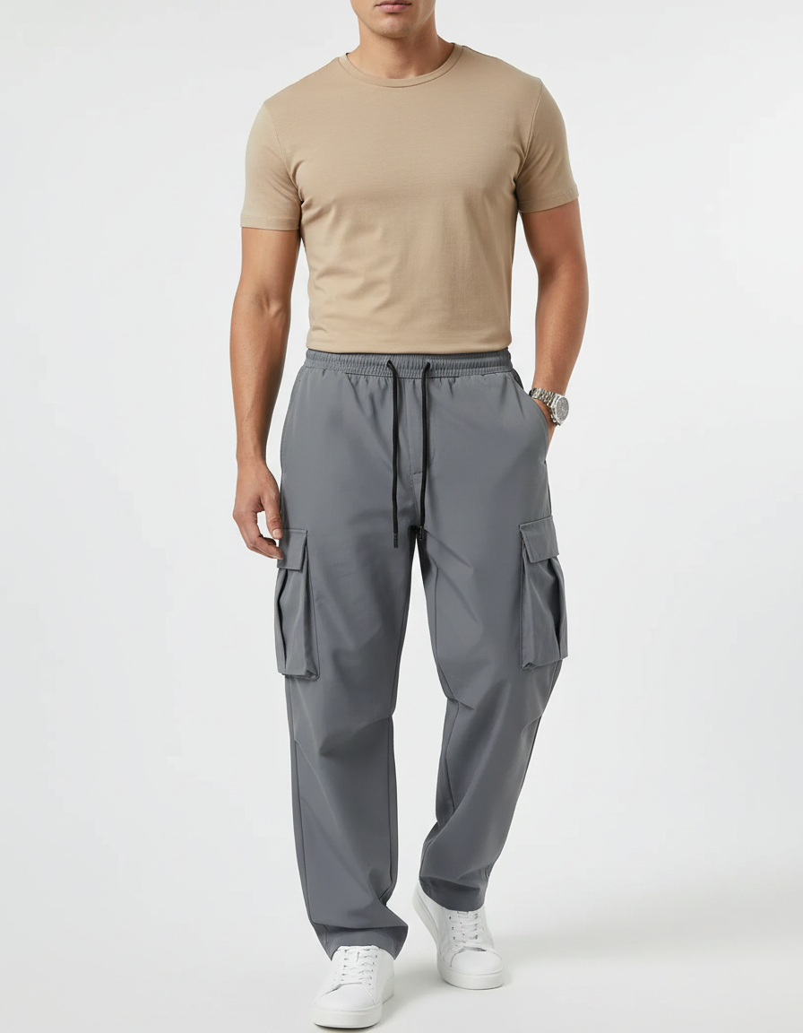 Pantalon Gris Cargo Ample Décontracté Homme Cordon - Polyester