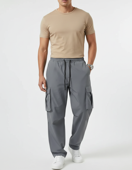 Pantalon Gris Cargo Ample Décontracté Homme Cordon - Polyester