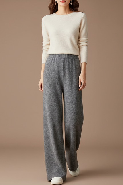Pantalon Gris Laine Large Tricoté Confortable Femme