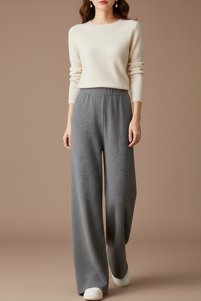 Pantalon Gris Laine Large Tricoté Confortable Femme