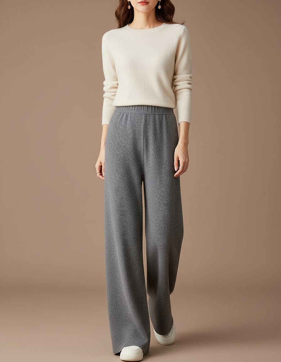 Pantalon Gris Laine Large Tricoté Confortable Femme