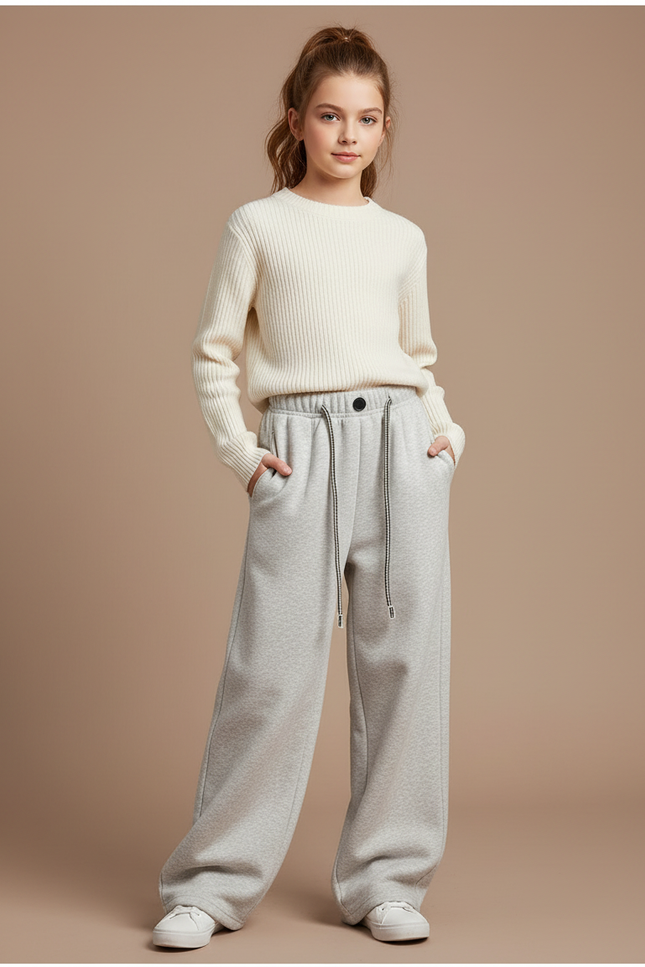 Pantalon Gris Ample Molletonné Décontracté Fille
