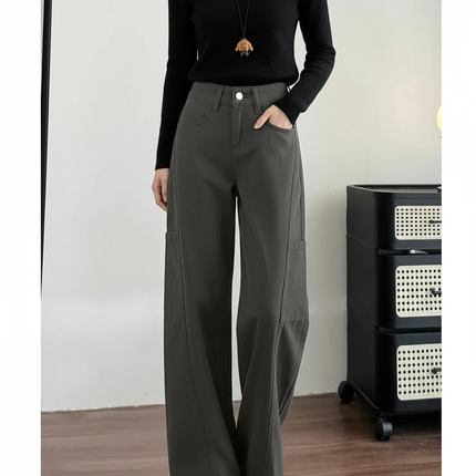 Pantalon Gris Cargo Ample Droit Taille Haute Femme - Kaki Gabardine